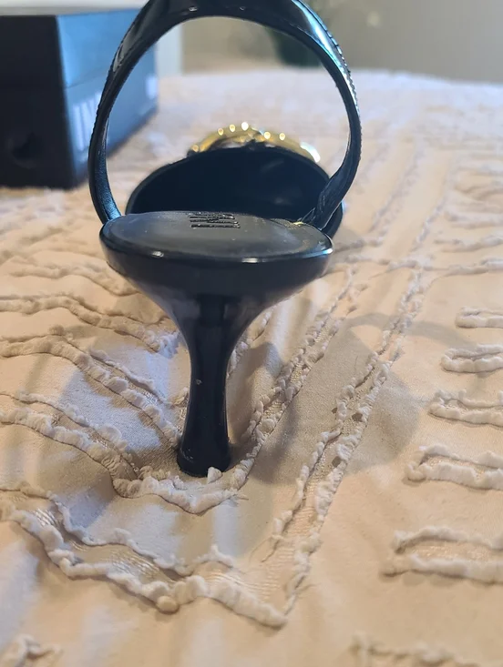 INC International Concepts Black Patent Slingback Pumps with Gold Chain Detail. - Picture 3 of 6